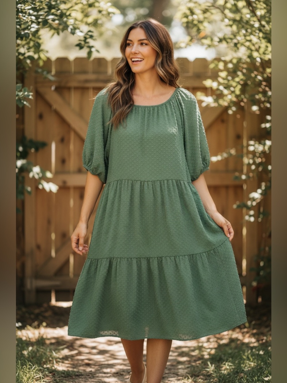 NWT J Crew Clip Dot Tiered Mini Dress Green Puff Sleeve Size Large G01